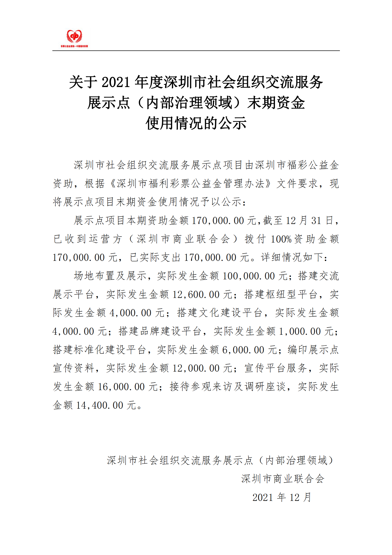 关于2021年度深圳市社会组织交流服务展示点（内部治理领域）末期资金使用情况的公示